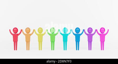 Gruppo colorato di personaggi divertenti che tengono le mani 3d rendering illustrazione Foto Stock