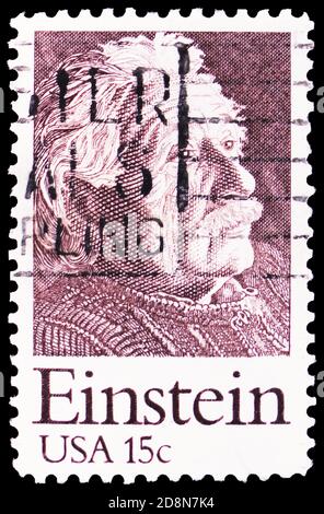 MOSCA, RUSSIA - 8 OTTOBRE 2020: Francobollo stampato negli Stati Uniti mostra Albert Einstein (1879-1955), fisico teorico, serie, circa 1979 Foto Stock