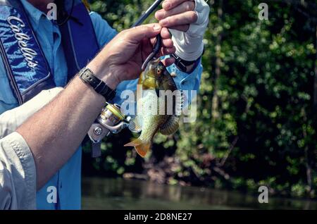 Pesca in barca da rafting, armamenti che tengono e espongono i pesci Foto Stock