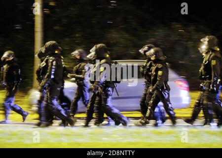 Lipsia, Germania. 31 Ott 2020. Gli agenti di polizia assicurano una dimostrazione di sinistra. Diverse centinaia di persone hanno protestato contro la violenza di Stato. Credit: Sebastian Willnow/dpa-Zentralbild/dpa/Alamy Live News Foto Stock