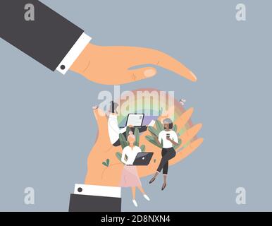 I piccoli impiegati che si siedono sulla mano enorme sotto l'altra mano Come sotto shelter.Concept di buon ambiente confortevole sul lavoro Illustrazione Vettoriale