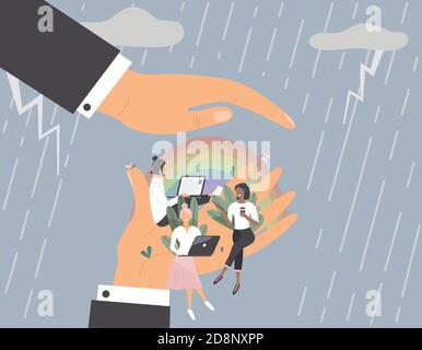 I piccoli impiegati che si siedono sulla mano enorme sotto l'altra mano Come sotto shelter.Concept di buon ambiente confortevole sul lavoro Illustrazione Vettoriale