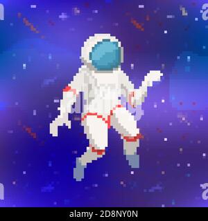 Astronauta carino in stile pixel art su sfondo spaziale Illustrazione Vettoriale