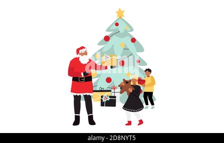 Babbo Natale dona doni ai bambini vicino all'albero di Natale. Illustrazione invernale Illustrazione Vettoriale