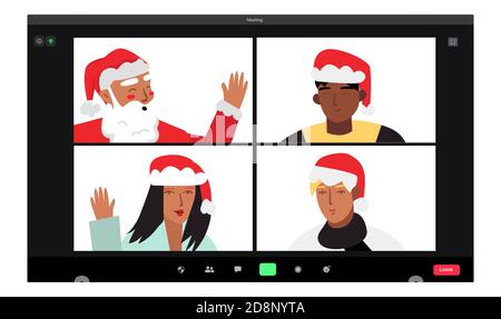 Comunicazione remota tramite video. Festa aziendale di Capodanno. Illustrazione invernale Illustrazione Vettoriale