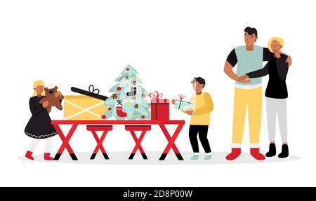I bambini e i loro genitori disimballano i regali di Capodanno. Illustrazione della famiglia Illustrazione Vettoriale