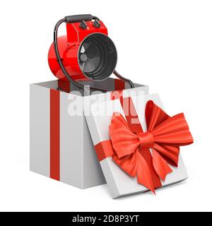 Riscaldatore con soffiante all'interno della confezione regalo, concetto attuale. Rendering 3D isolato su sfondo bianco Foto Stock