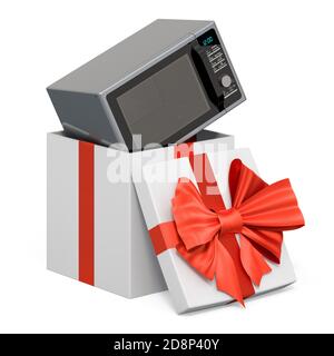 Forno a microonde all'interno della confezione regalo, concetto attuale. Rendering 3D isolato su sfondo bianco Foto Stock