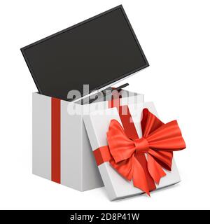 TV moderna all'interno della confezione regalo, concetto attuale. Rendering 3D isolato su sfondo bianco Foto Stock