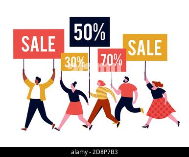 Black friday, banner mega vendita, scena con una folla, donne e uomini che corrono con borse per la spesa. Concept design di vendita Illustrazione Vettoriale