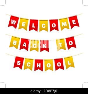 Bandiere festive con iscrizione. Bentornato a scuola. Decorazione di festa carnevale. Oggetti isolati. Illustrazioni vettoriali. Illustrazione Vettoriale