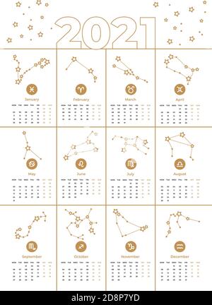 Calendario vettoriale 2021 modello A3 stampabile. Segni zodiacali, stelle, costellazioni di colore dorato. Giorni di Capodanno. Previsione astrologica, oroscopo per Illustrazione Vettoriale