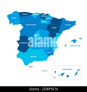 Mappa politica blu della Spagna. Divisioni amministrative - comunità autonome. Semplice mappa vettoriale piatta con etichette. Illustrazione Vettoriale