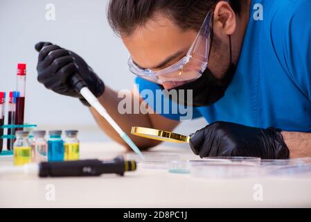 Biochemista maschile che esamina campioni di sangue in concetto pandemico Foto Stock