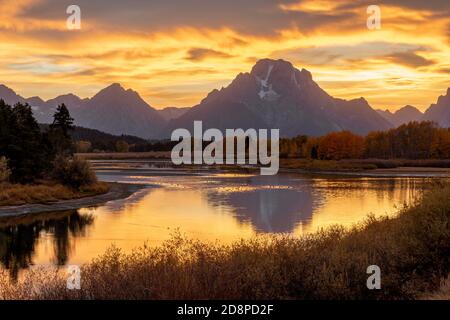 Sunset, Oxbow Bend, Grand Teton National Park, Wyoming, USA, di Dominique Braud/Dembinsky Photo Assoc Foto Stock