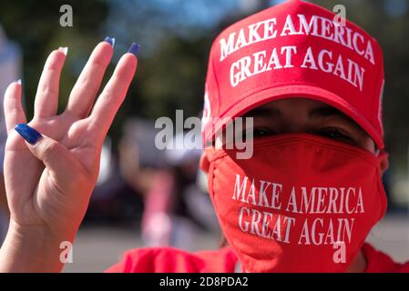 Los Angeles, California, Stati Uniti. 31 Ott 2020. La gente ha i segni e le bandiere statunitensi durante un raduno pro-Trump a Beverly Hills, California, il 31 ottobre 2020. Credit: Ringo Chiu/ZUMA Wire/Alamy Live News Foto Stock