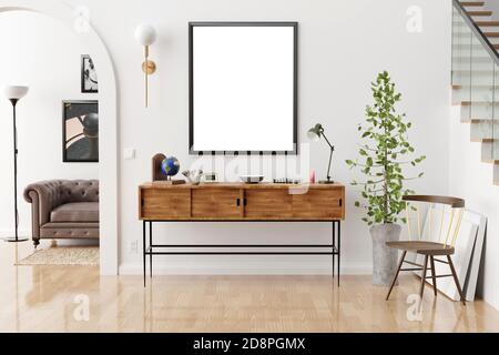 Sfogati le cornici e la tela dei poster in uno sfondo interno loft hipster vintage, rendering 3D Foto Stock