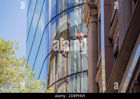 Due uomini che si abbellono o si abbellono e lavorano su una tenda di vetro all'esterno di una nuova torre per uffici a più piani a Sydney, Australia Foto Stock