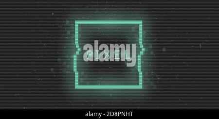 Rettangolo di pixel glitch cyberpunk retrovuturistico. Quadrato digitale luminoso verde. forma rettangolare a 8 bit. Sfondo per la musica elettronica promo Illustrazione Vettoriale