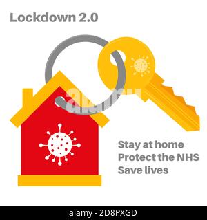Lockdown 2.0 Virus Pandemic vettore illustrazione su uno sfondo casa con un virus e un logo chiave Illustrazione Vettoriale