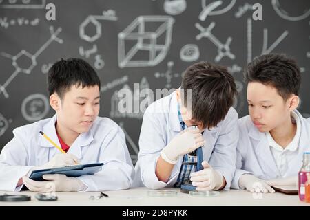 Gli scolari prendono appunti quando il loro compagno di classe guarda il piatto di Petri al microscopio Foto Stock