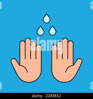 Icona a colori delle mani di lavaggio. Lavare il segnale delle mani. Due palme umane e gocce d'acqua. Misure di sicurezza. Disinfezione. Prevenzione delle malattie infettive.VECTO Illustrazione Vettoriale