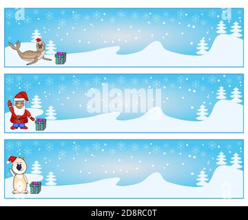 Set di striscioni orizzontali di Natale con confezione regalo, sigillo, babbo natale e Bear.Natale e biglietti di auguri di Capodanno con copia spazio.illustrazione vettoriale Illustrazione Vettoriale