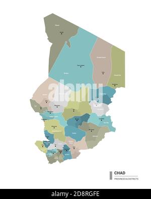 Chad Higt Mappa dettagliata con suddivisioni. Mappa amministrativa del Ciad con il nome dei distretti e delle città, colorata per stati e distretti amministrativi. V Illustrazione Vettoriale