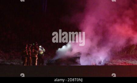 Denville/Rockaway, NJ, Stati Uniti. 1 novembre 2020. (NUOVA) una macchina che ha preso fuoco lungo l'interstate 80 in New Jersey. 1 novembre 2020, Denville, New Jersey, USA:.UN'immagine terrificante di un'auto che ha preso fuoco lungo il corridoio trafficato del traffico sull'Interstate 80 nel New Jersey nord-orientale questa Domenica mattina (01). I vigili del fuoco sono sulla scena per mettere fuori il fuoco.Credit: Julia Mineeva /Thenews2 Credit: Julia Mineeva/TheNEWS2/ZUMA Wire/Alamy Live News Foto Stock