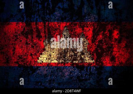 Cambogia, Cambogiano, Khmer bandiera su grunge metallo fondo texture con graffi e crepe Foto Stock