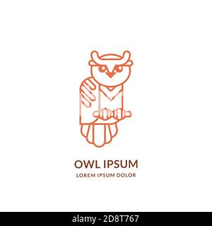 Modello di design con emblema per logo Smart OWL line ART. Icona vettore astratto uccello lineare. Saggezza, mascotte, concetto di marchio di istruzione Illustrazione Vettoriale