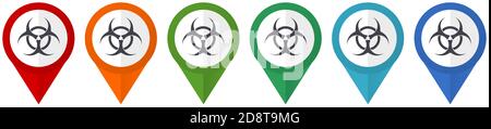 Puntatori vettoriali a rischio biologico, set di icone colorate a disegno piatto isolate su sfondo bianco Illustrazione Vettoriale
