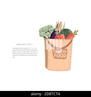 Un sacchetto di carta pieno di verdure isolato su uno sfondo chiaro. Cibo biologico fresco e sano. Illustrazione vettoriale in stile doodle piatto. Illustrazione Vettoriale