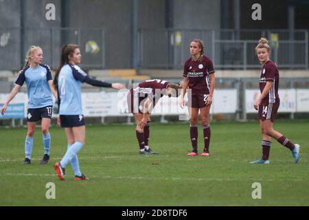 Dartford, Regno Unito. 11 Gennaio 2020. La squadra di Leicester si rammarica durante la partita fa Women's Super League 2 tra London City e Leicester City al Princes Park di Dartford. FEDERICO GUERRA MARANESI/SPP Credit: SPP Sport Press Photo. /Alamy Live News Foto Stock