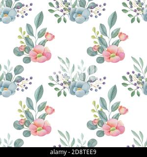 Motivo floreale senza cuciture acquerello su sfondo chiaro. Illustrazione dipinta a mano con fiori, foglie e gemme eleganti. Foto Stock