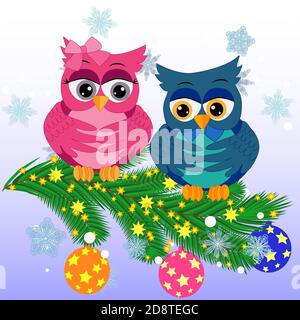Due graziosi gufi disegnati si siede su un ramo in un neve Illustrazione Vettoriale