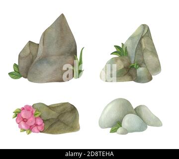 Illustrazione acquerello di rocce con erba e fiori. Isolato dipinto a mano su uno sfondo chiaro. Foto Stock
