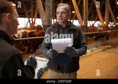 Vita in su ritratto di due lavoratori che tengono le bacheche e parlando mentre si sta in piedi in capanno di bestiame presso la fattoria di famiglia, copia spazio Foto Stock