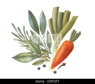 Composizione vegetale acquerello con erbe, carote, porri e pepe nero. Un'illustrazione luminosa di cibo fresco sano. Foto Stock