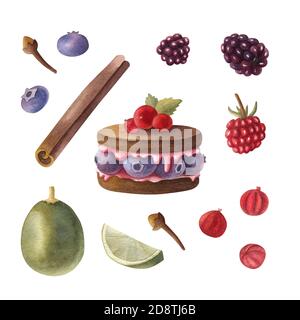Set di tinte d'acqua di dessert fresco, lime e bacche. Immagine isolata luminosa sullo sfondo chiaro. Raccolta di bacche. Foto Stock