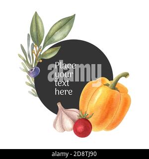 Composizione vegetale acquerello con erbe, peperone giallo, aglio e pomodoro su fondo scuro. Un'illustrazione luminosa di cibo fresco sano. Foto Stock