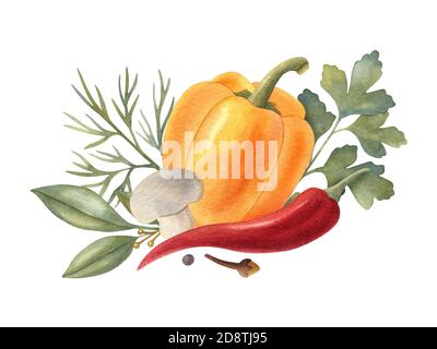 Composizione vegetale acquerello con erbe, peperone giallo, funghi e peperoncino rosso. Un'illustrazione luminosa di cibo fresco sano. Foto Stock