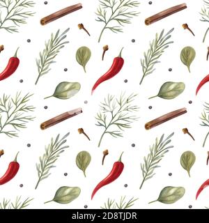 Motivo senza cuciture acquerello con aneto, rosmarino, peperoncino rosso, spinaci, garofano, cannella e pepe nero su sfondo chiaro. Foto Stock