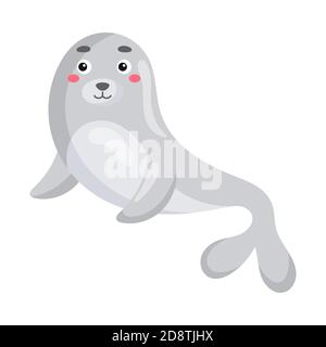 Cute divertente leone di mare stampa su sfondo bianco. Ocean Cartoon personaggio animale per la progettazione di album, album, biglietto di auguri, invito, decorazione a parete Illustrazione Vettoriale