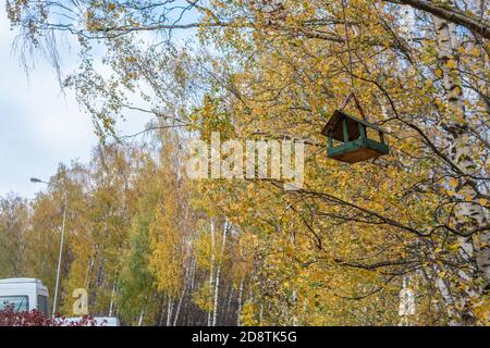 Alimentatore di uccelli, casa per volare bei pulcini su un albero appende sullo sfondo della foresta Foto Stock