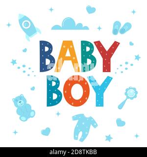 Scheda doccia bambino per bambini. È una carta ragazzo. Invito vettoriale con lettere Baby Boy e cute cose del bambino. Stampa, vestiti, carta, deco camera per bambini Illustrazione Vettoriale