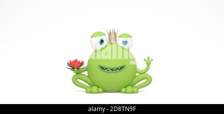 Divertente personaggio principe di rana verde con grandi occhi su bianco sfondo rappresentazione 3d illustrazione 3d Foto Stock