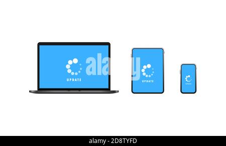 Icona di aggiornamento dei dispositivi. Aggiornamento del software per computer portatili, tablet e smartphone. Informazioni sul download dei dati. Vettore su sfondo bianco isolato. EPS 10 Illustrazione Vettoriale