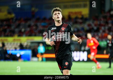 Farum, Danimarca. 31 Ott 2020. Nikolas Dyhr (44) del FC Midtjylland visto nel 3F Superliga match tra FC Nordsjaelland e FC Midtjylland a destra a Dream Park a Farum. (Photo Credit: Gonzales Photo/Alamy Live News Foto Stock