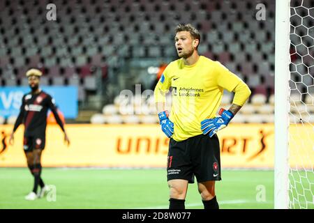 Farum, Danimarca. 31 Ott 2020. Mikkel Andersen (31) del FC Midtjylland visto nel 3F Superliga match tra FC Nordsjaelland e FC Midtjylland a destra a Dream Park a Farum. (Photo Credit: Gonzales Photo/Alamy Live News Foto Stock